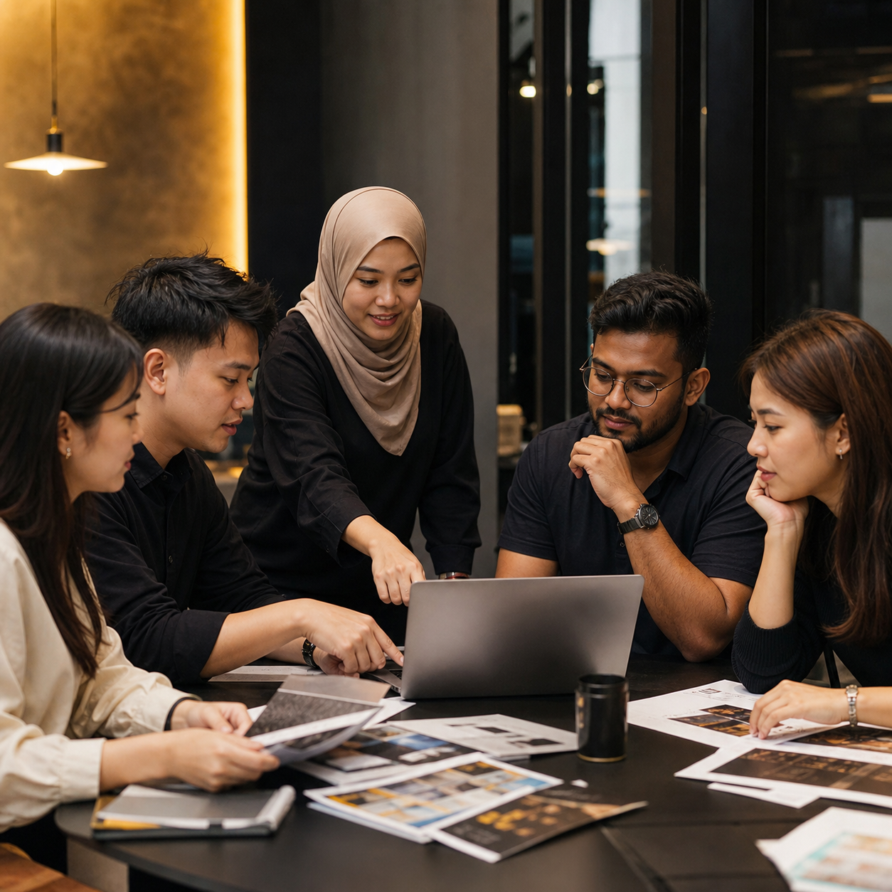 Malaysian account executive meeting with a client and creative teammates to review campaign materials and project updates.