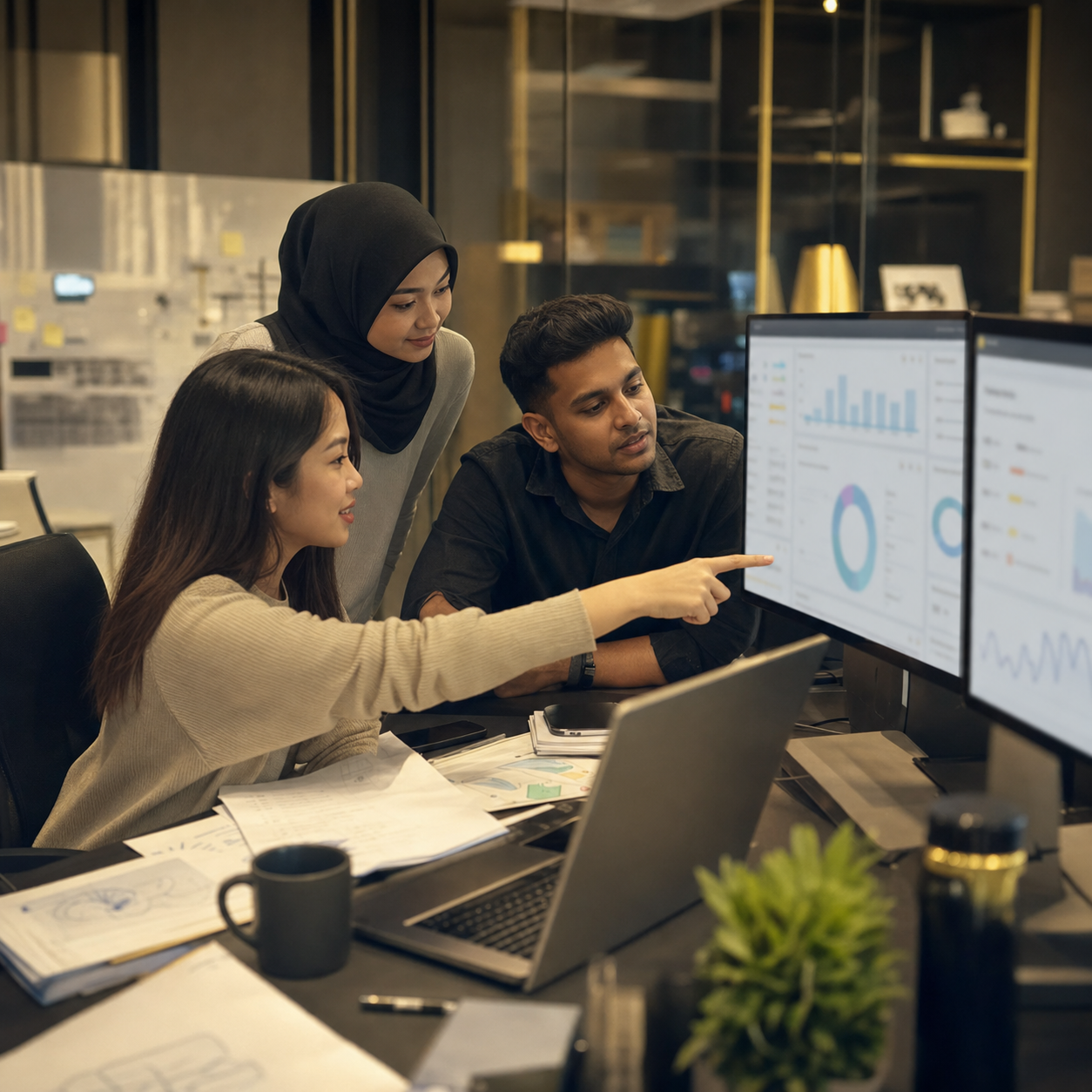 Malaysian digital marketing specialists reviewing advertising and website performance data on multiple screens.