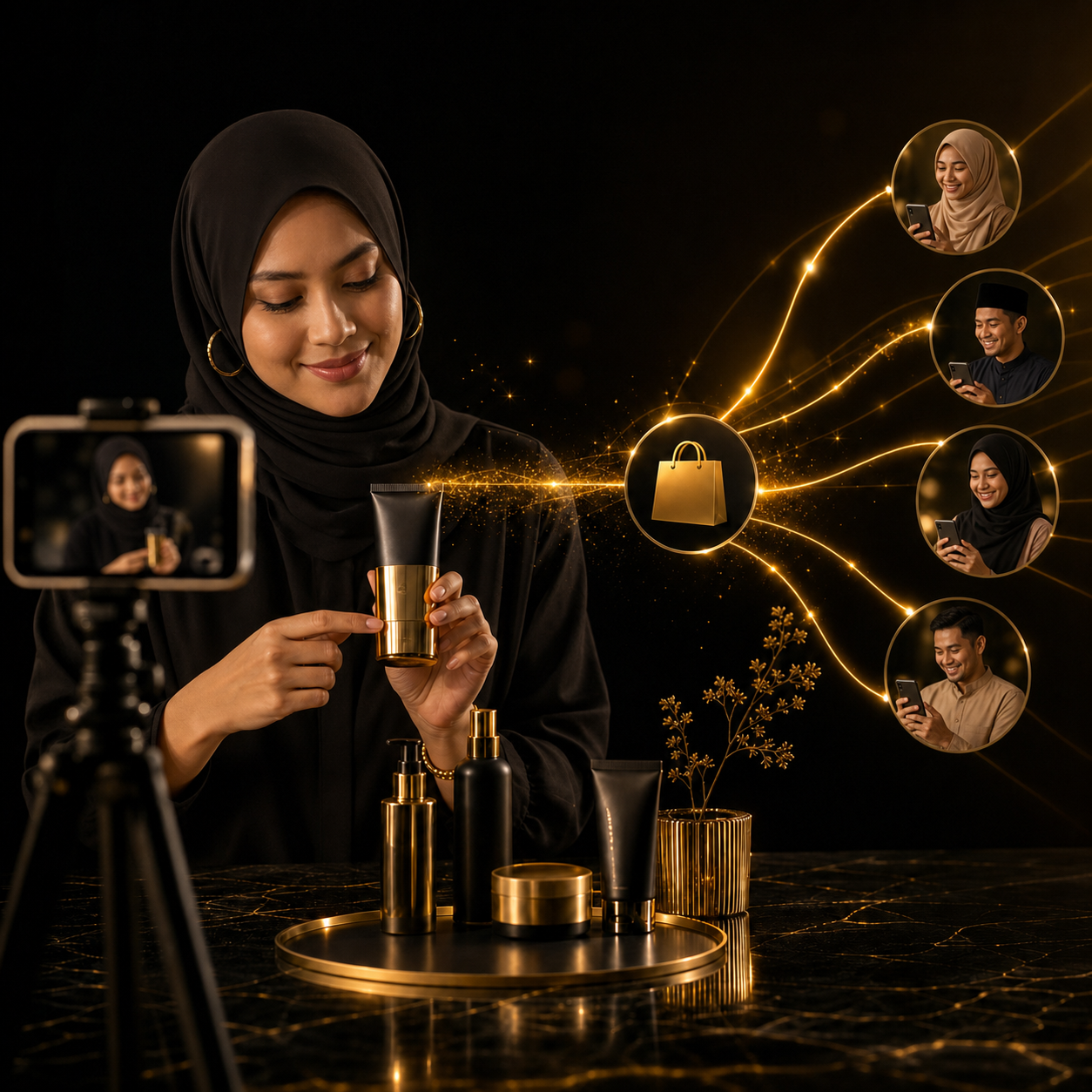 Malay Malaysian creator filming beauty products with a smartphone, surrounded by Malay audience members and subtle affiliate connection lines.