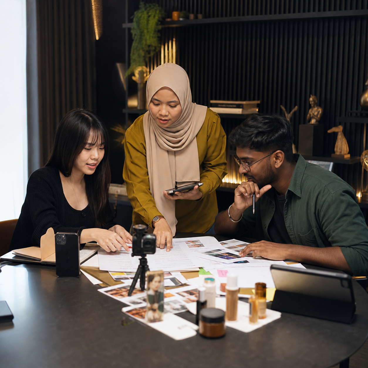 Malaysian content creator and script writer planning short-video content with products, a smartphone, camera, tablet, and creative notes.