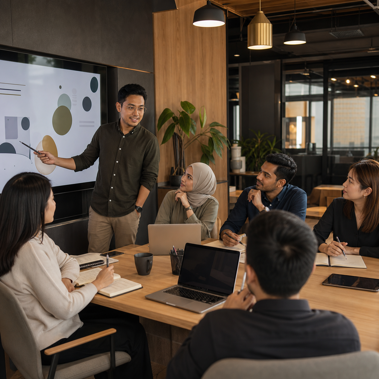 Diverse Malaysian team learning together during a practical training session in a modern office.