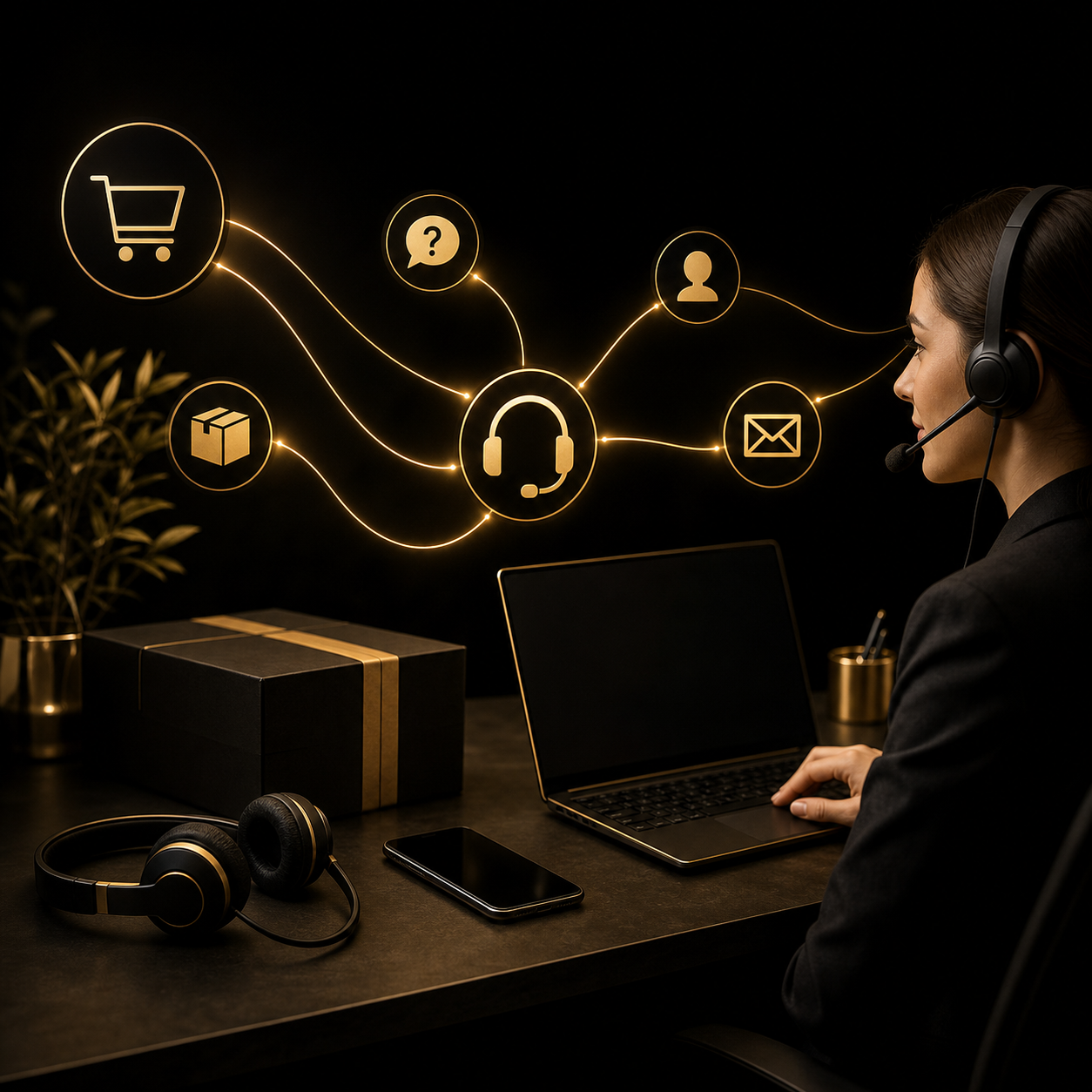 -commerce customer support desk with a smartphone, headset, laptop, order package, and connected communication elements.