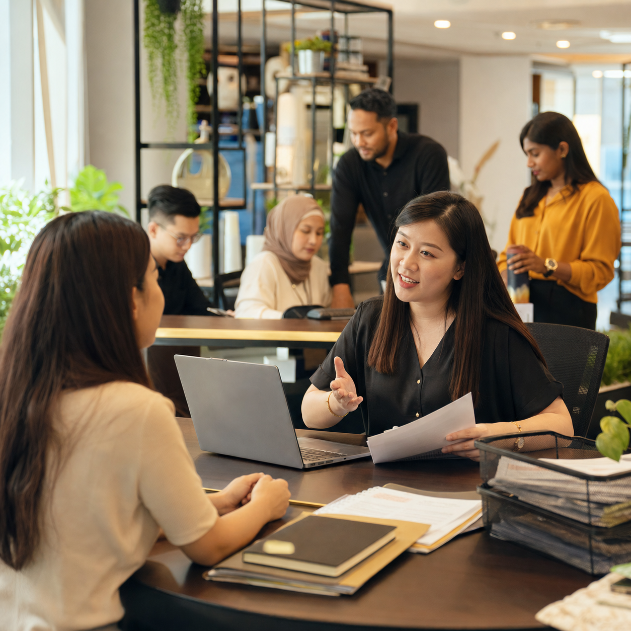 Malaysian HR and admin executive welcoming a new team member during an onboarding conversation in a modern office.