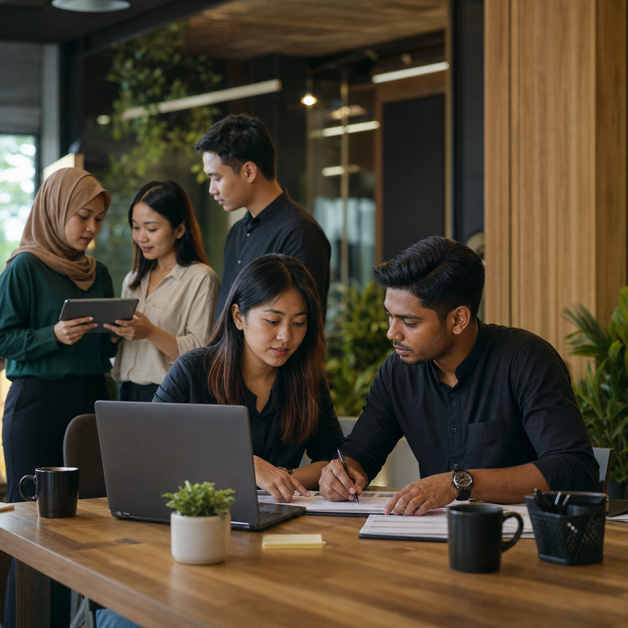Malaysian colleagues carefully reviewing project details together on a laptop in a creative office.