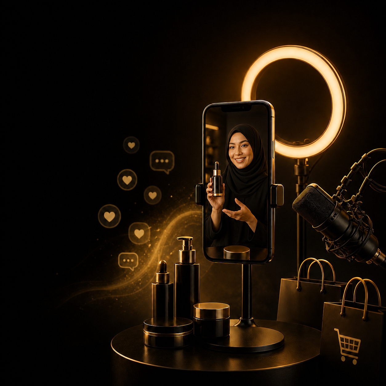Malay Malaysian presenter demonstrating a product in a live-commerce setup with a smartphone, ring light, studio microphone, and product displa