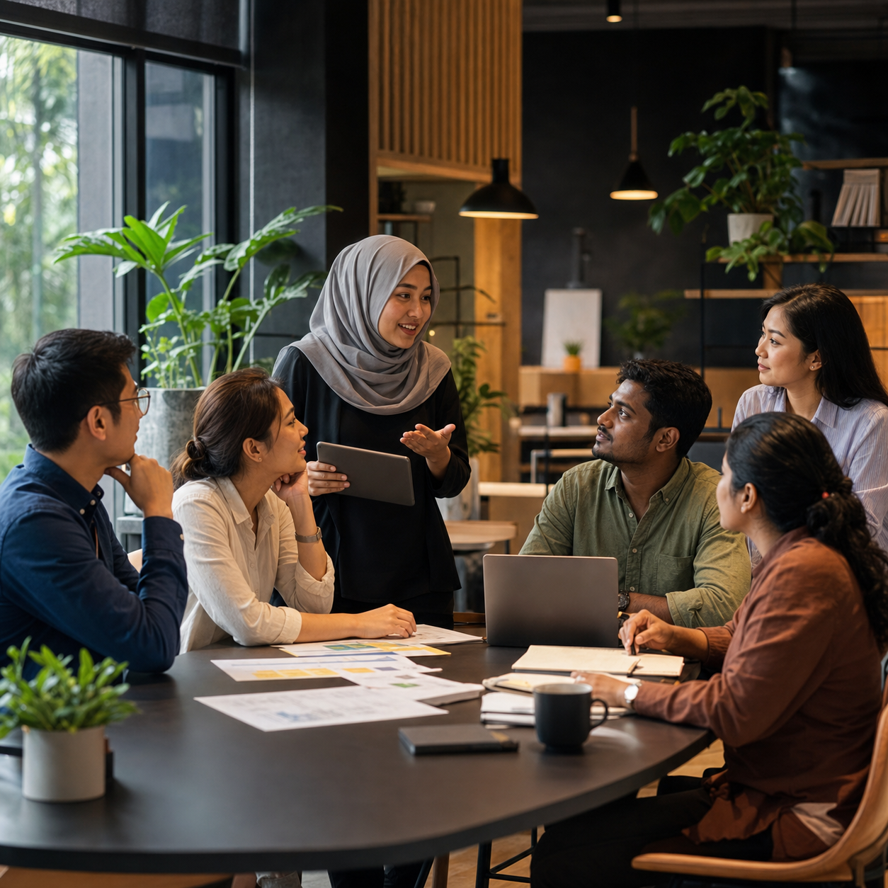 Diverse Malaysian colleagues listening and contributing during an open team discussion.