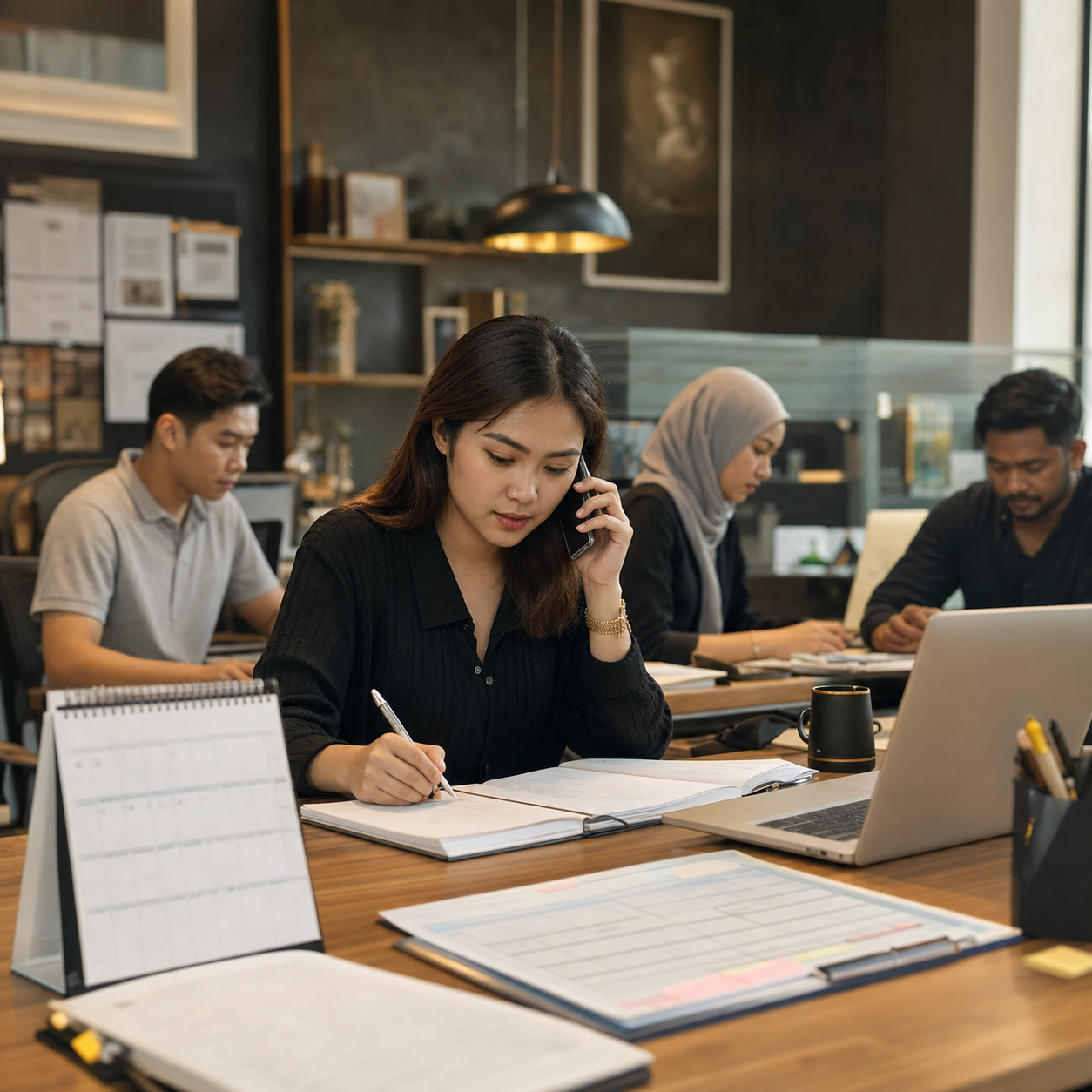 Malaysian operation coordinator managing project schedules, production tasks, and team communication in a creative office.