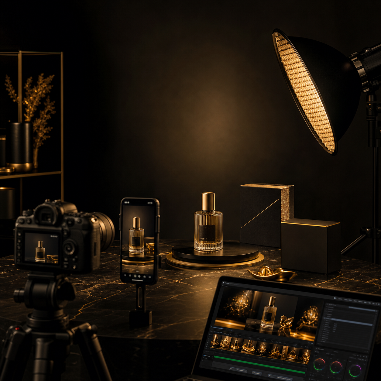 Professional short-video production setup with a camera, smartphone, studio lighting, product packaging, and a styled product on a studio table.