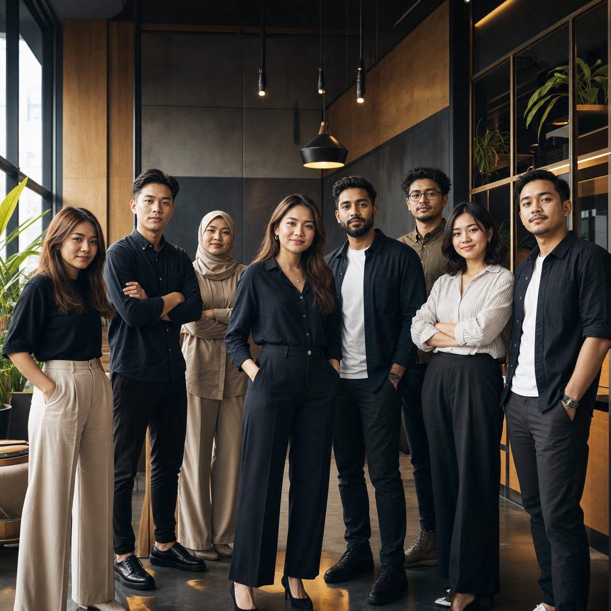 Confident diverse Malaysian creative team standing together after completing a challenging project.