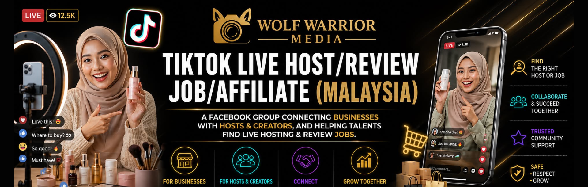 Screenshot of the Wolf Warrior Media Facebook group TikTok Live Host Review Job Affiliate Malaysia, connecting businesses with hosts, creators, and affiliate partners.