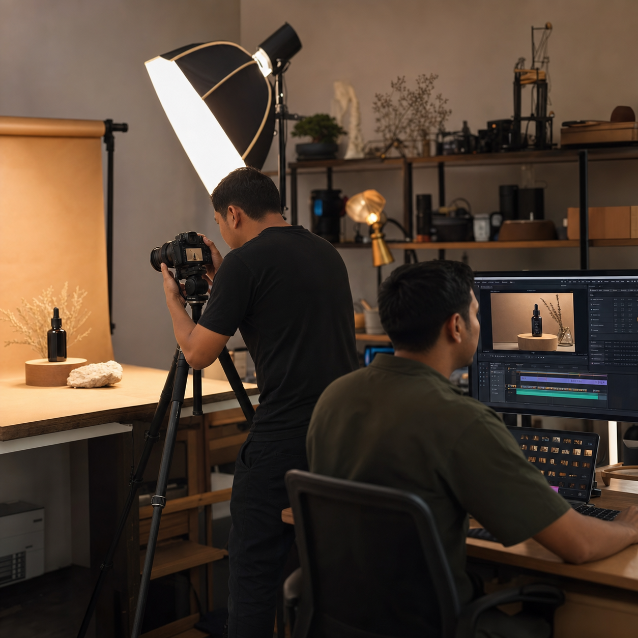 Malaysian web programmer and colleague reviewing a website layout on multiple monitors in a modern office.