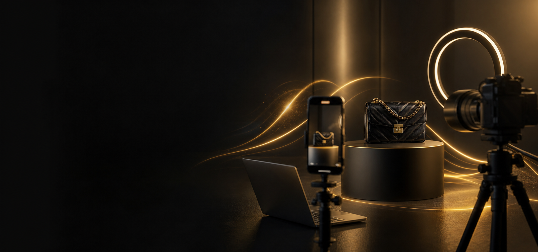 Premium e-commerce growth scene featuring a handbag, smartphone, camera, studio lighting, laptop, and flowing golden light trails.
