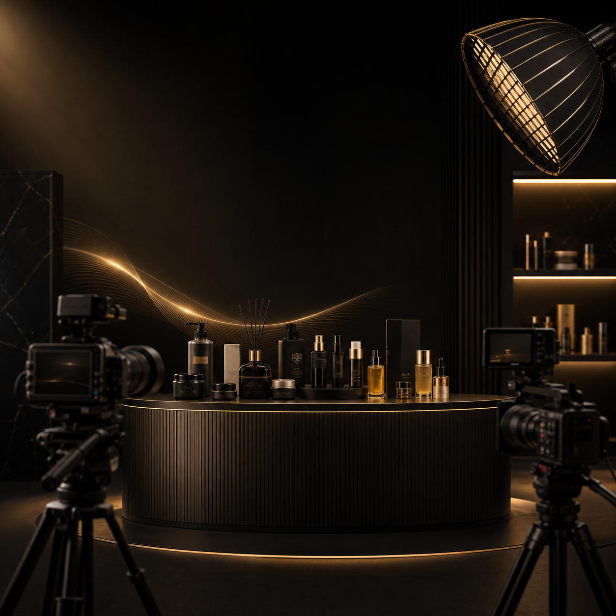 Professional TikTok live-commerce studio featuring beauty and lifestyle products, multiple cameras, and controlled production lighting.