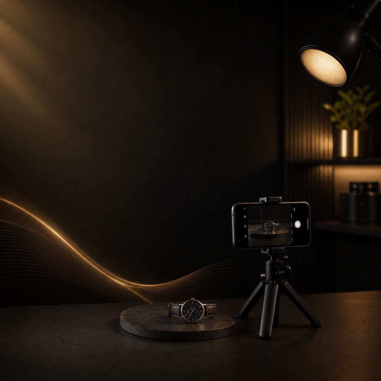 Short-video production setup featuring a fashion watch, smartphone tripod, and soft studio lighting for a small business creator.