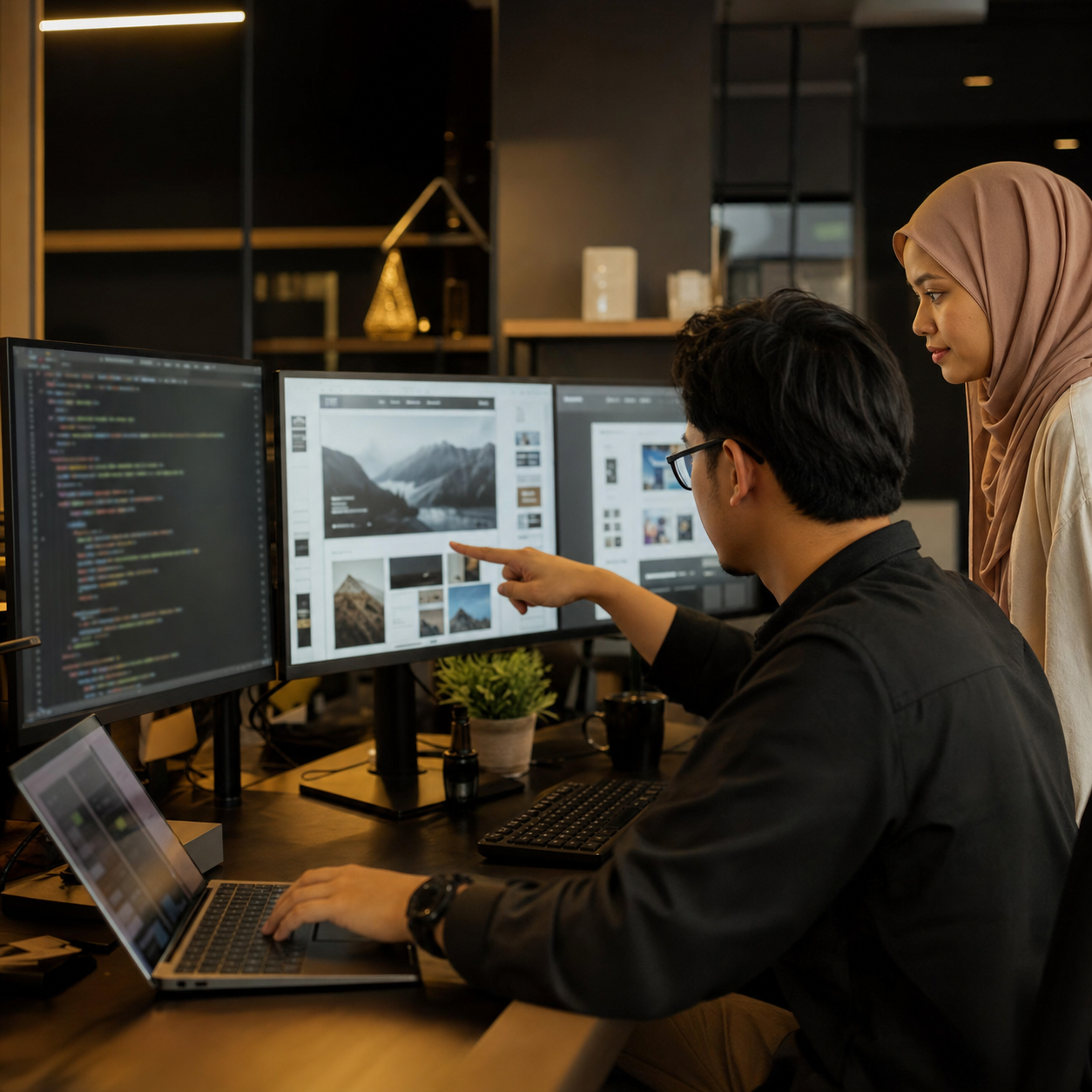 Malaysian web programmer and colleague reviewing a website layout on multiple monitors in a modern office.
