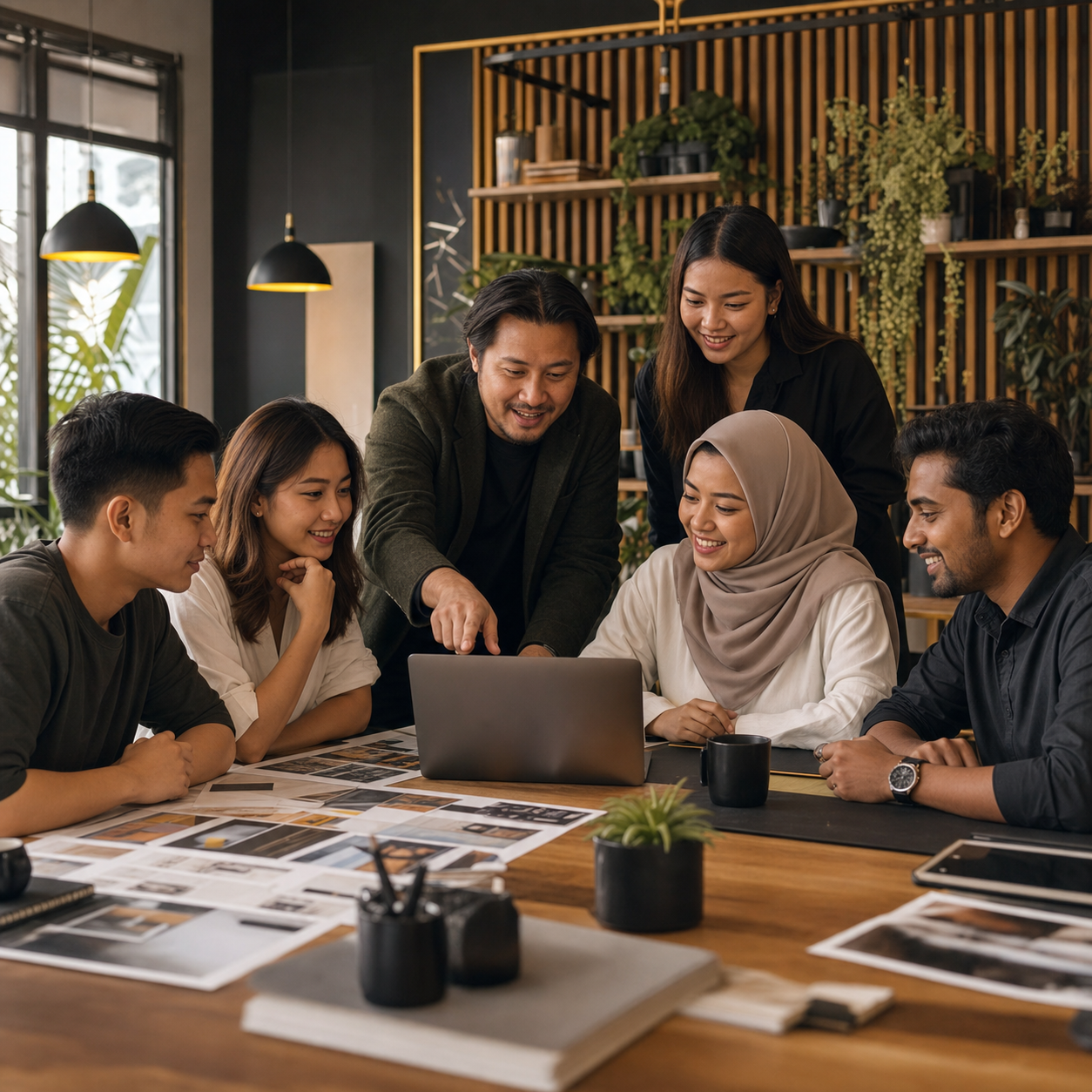 Diverse Malaysian digital marketing team working with cameras, smartphones, products, and livestreaming equipment