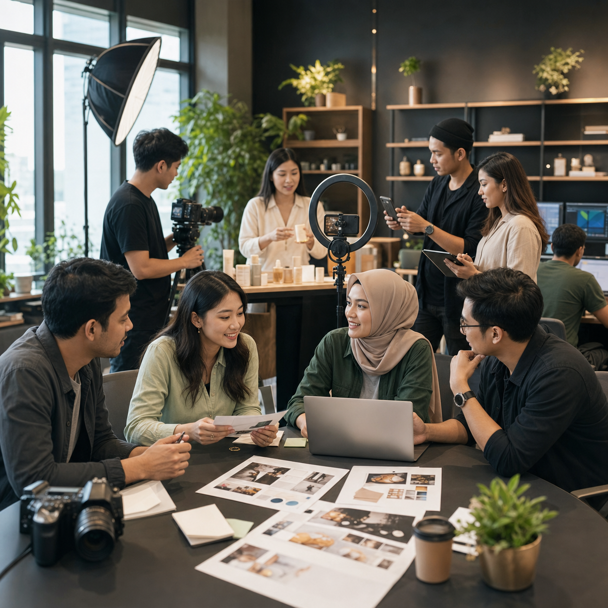 Diverse Malaysian creative team collaborating with a senior colleague in a modern office.
