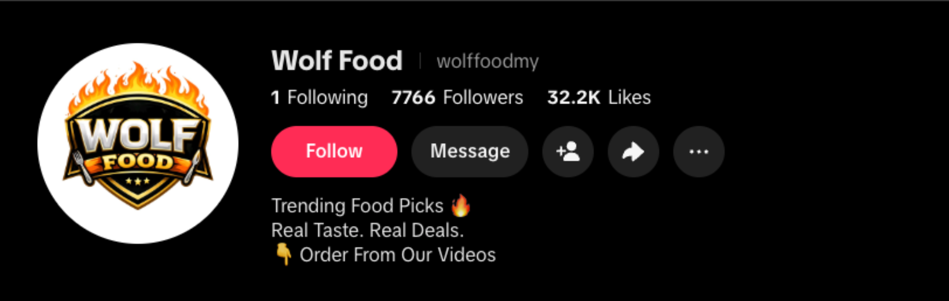 Screenshot of the Wolf Food TikTok profile under wolf warrior media showing the wolffoodmy account, food content description, follower count, and total likes.
