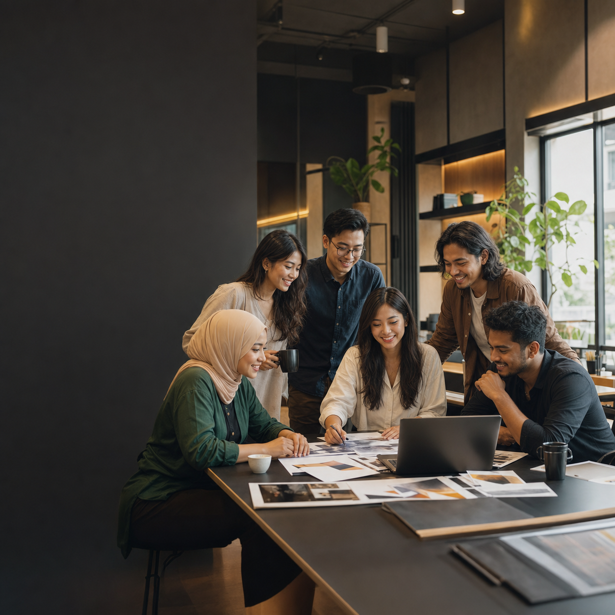 Diverse Malaysian creative team collaborating around a table in a warm, modern office.