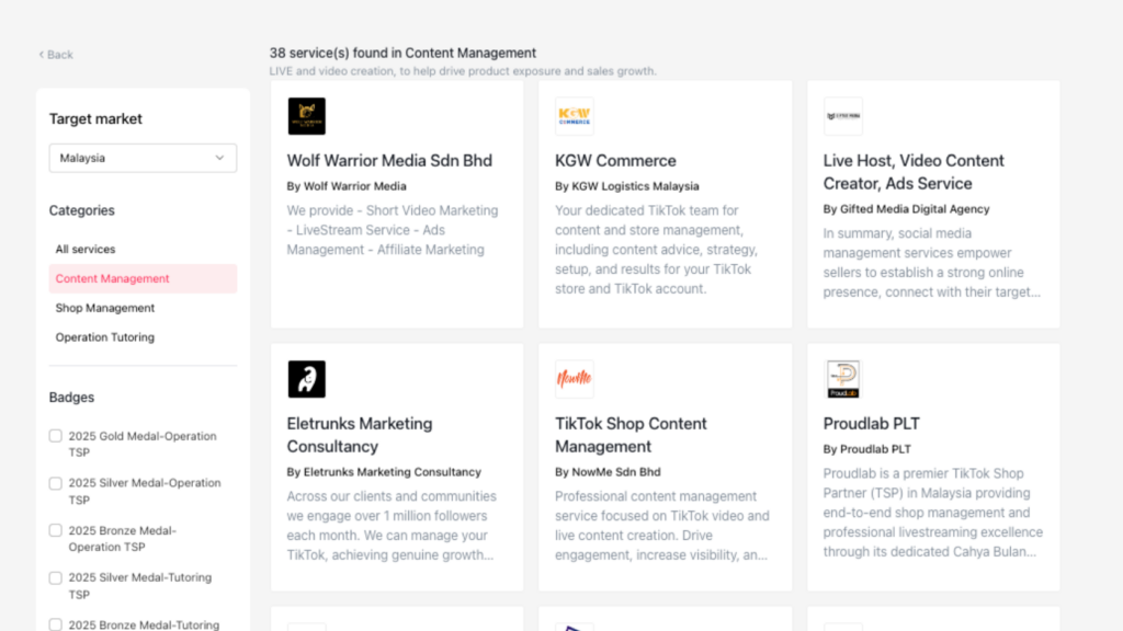 Screenshot of the TikTok Shop Malaysia Partner Marketplace showing Wolf Warrior Media Sdn Bhd listed appears in the first position when sorted by “Most Popular”