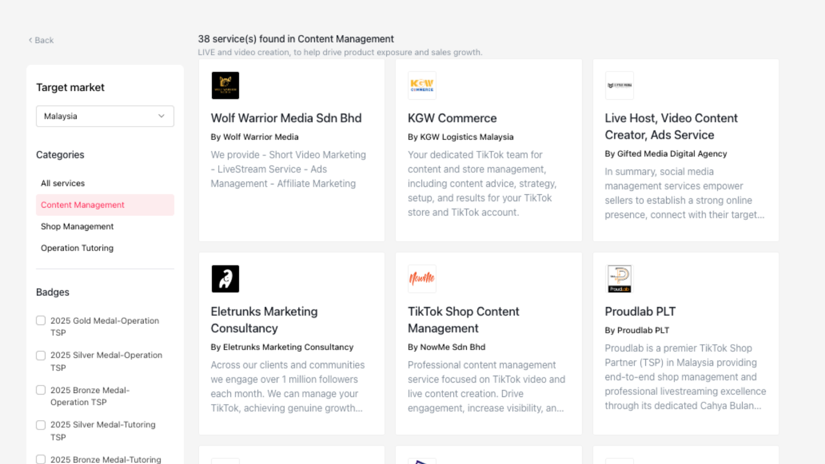 Screenshot of the TikTok Shop Malaysia Partner Marketplace showing Wolf Warrior Media Sdn Bhd listed appears in the first position when sorted by “Most Popular”