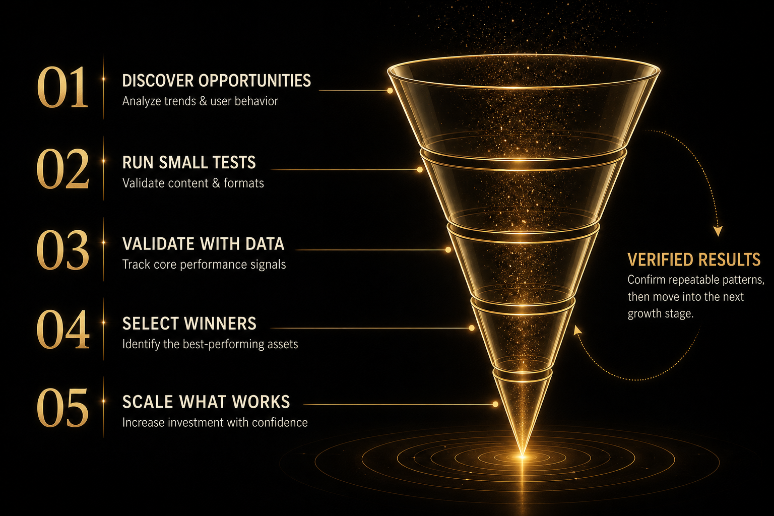 Five step ecommerce growth funnel showing opportunity discovery, small tests, data validation, winner selection, and scaling what works.