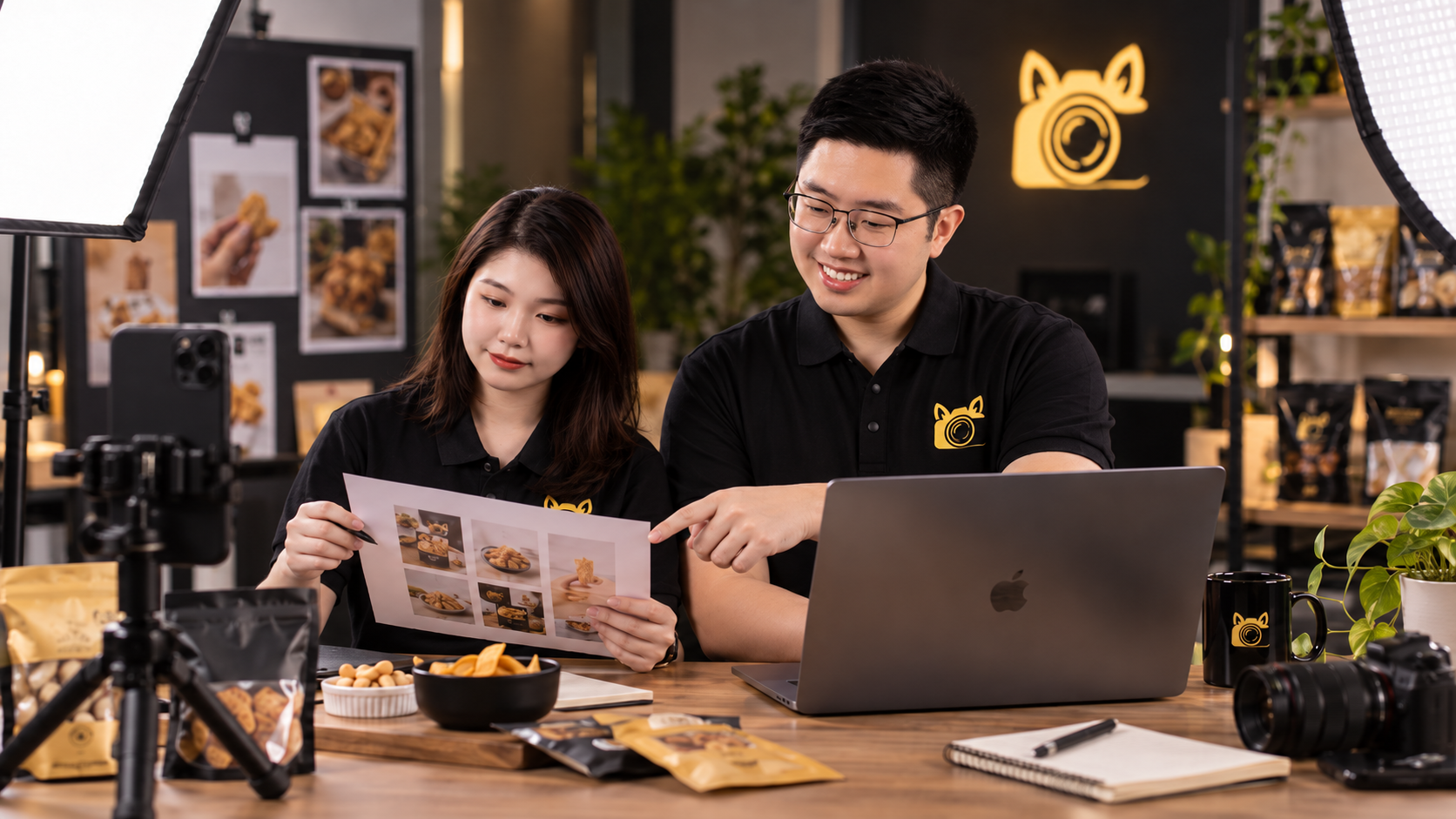 Wolf Warrior Media team planning food content beside cameras and products