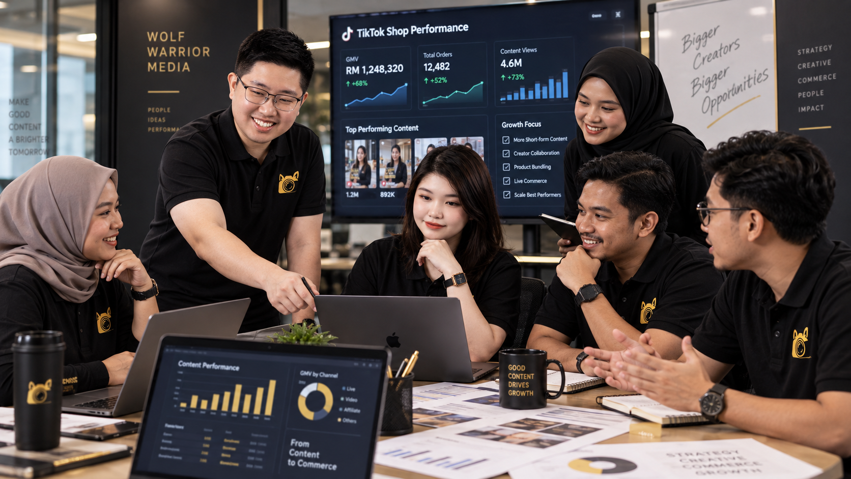 Wolf Warrior Media team reviewing TikTok Shop performance data
