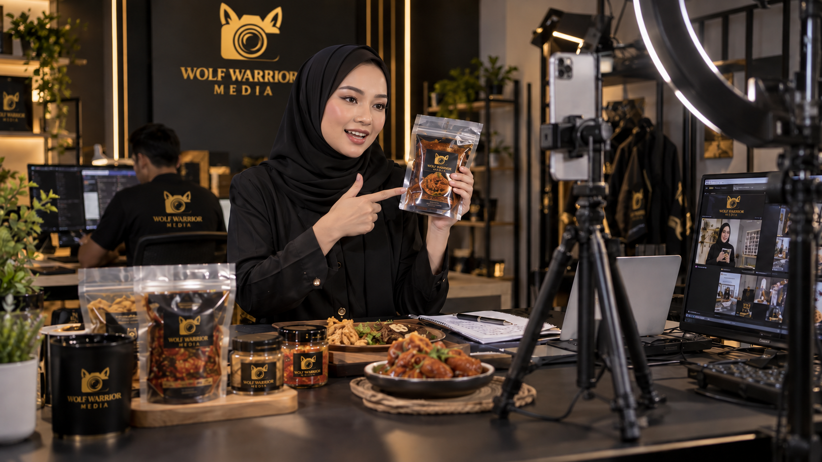 Wolf Warrior Media live commerce studio with food product presentation